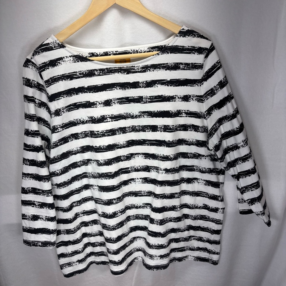 Ruby Rd Woman‎ Striped 3/4 Sleeve Boat Neck Top Size 1X Black White Casual